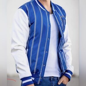 Ring of Fire Blue and White Striped Bomber Jacket Size Small